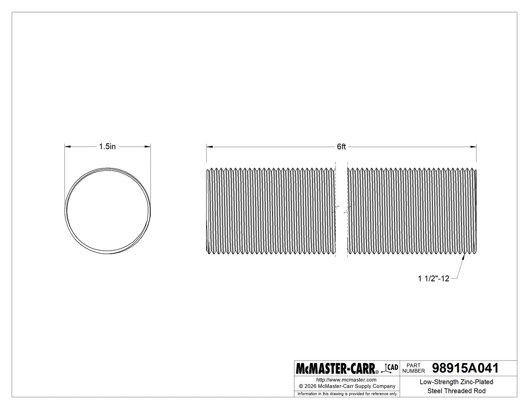 Technical Drawing of Low-Strength Zinc-Plated Steel Threaded Rod, 1-1/2"-12 Thread Size, 6 Feet Long.
